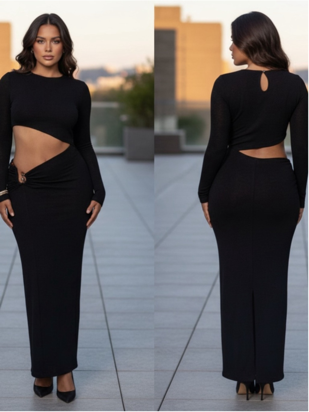 JLUXLABEL Summer Romance Cutout Side Long Sleeve Maxi Dress Black Size Large NEW - Picture 4 of 16